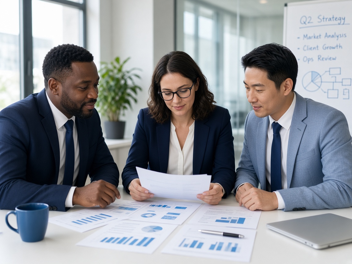 Consultants reviewing a brief together