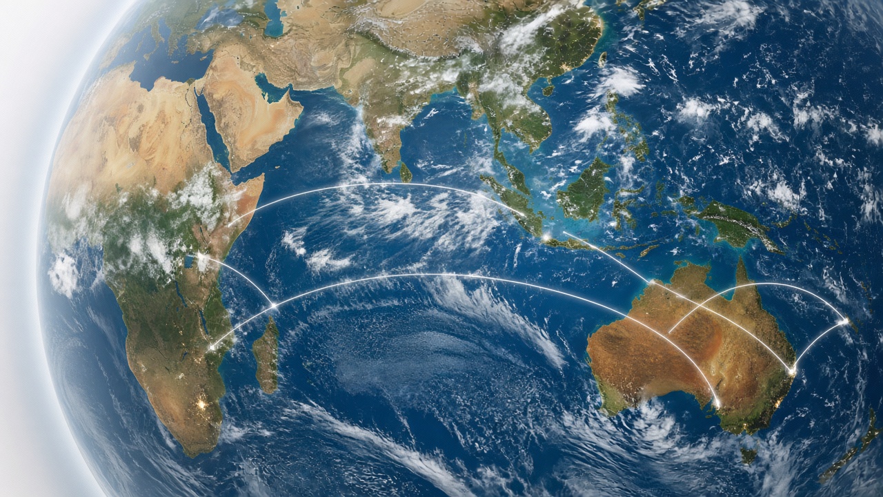 Earth seen from space, with routes linking Africa, Australia and the Pacific
