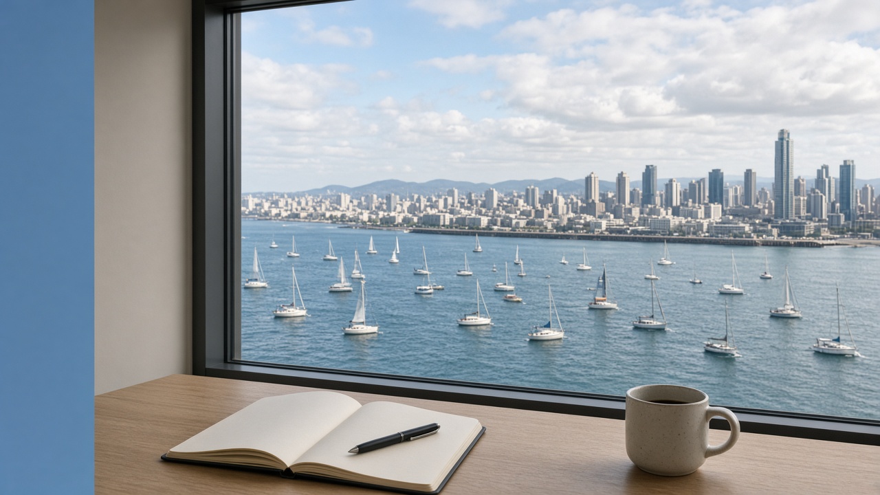 A notebook on a desk, looking out over a harbour and city skyline